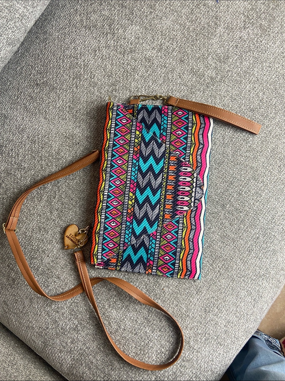 Colorful Aztec Embroidered Crossbody with Tan Strap